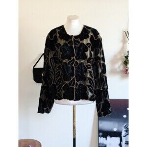 Vintage 70s 1970s Black Silk Velvet Burnout Cardigan Jacket Chic Classic L
